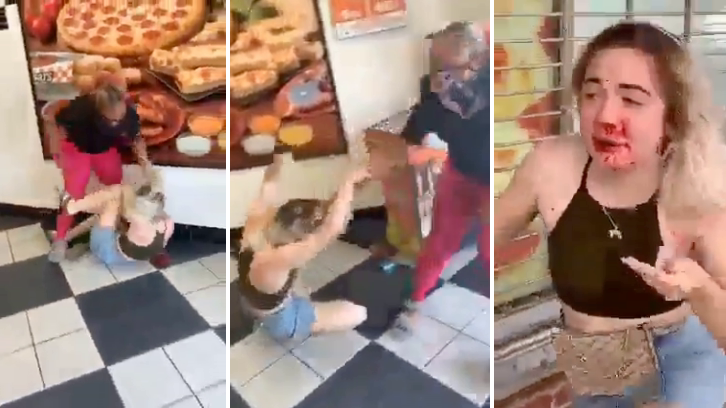 stills of the savage beating in a Little Caesars pizza shop in Augusta, Georgia