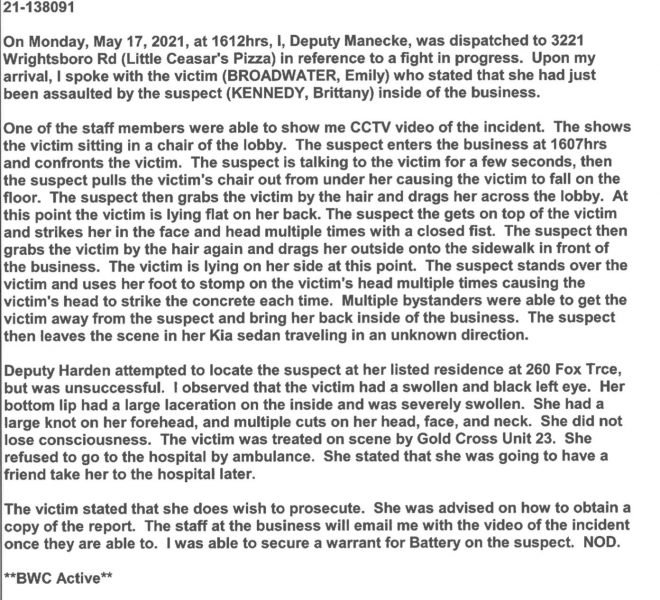 text of police report of the Augusta pizza shop assault