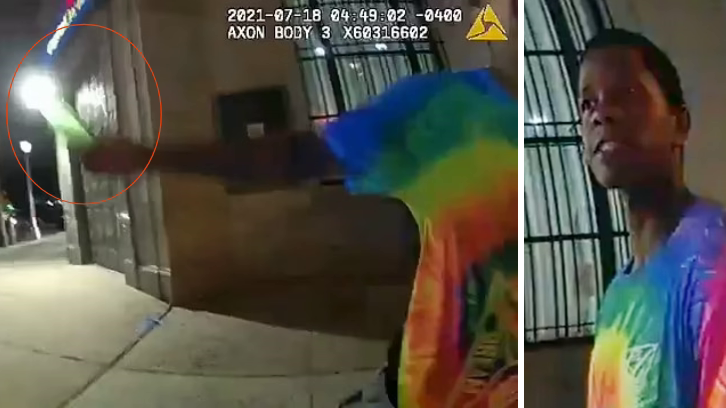 stills of bodycam footage showing Tyshaun Holloway and the moment he swung a bottle at on-duty NYPD cop