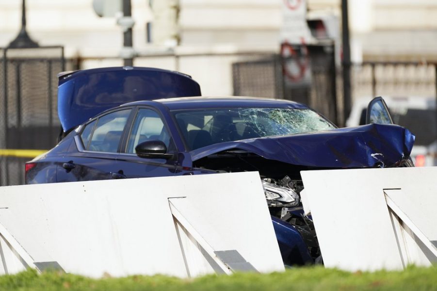 The car that crashed into a barrier on Capitol Hill is seen near the Senate side of the U.S. Capitol in Washington, Friday