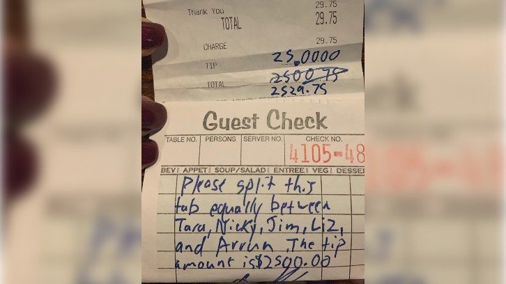 Photograph of $30 check from the Coaches Bar and Grill in Columbus, Ohio, to which a generous loyal customer added a $2,500 tip