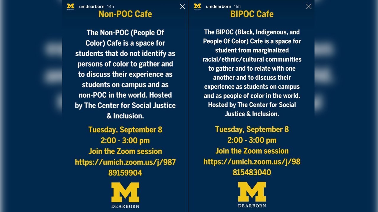 university advert for the online student “cafes,” one for white people and another for people of color