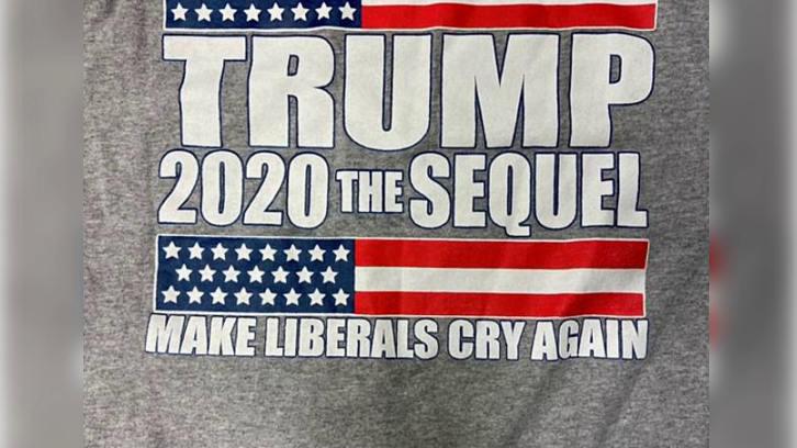 The back of high school sophomore Morgan Earnest's T-shirt. The message reads: "Trump 2020 The Sequel: Make Liberals Cry Again."