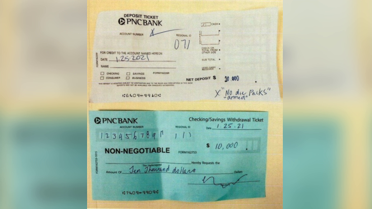 The deposit ticket Edner Flores initially passed to the teller (top) and the blue withdrawal slip requesting $10,000 from account number as "12345689" 