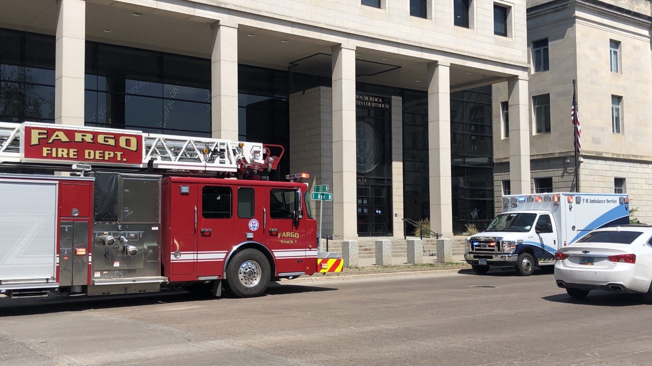 Emergency vehicles outside the federal courthouse in Fargo on Monday afternoon