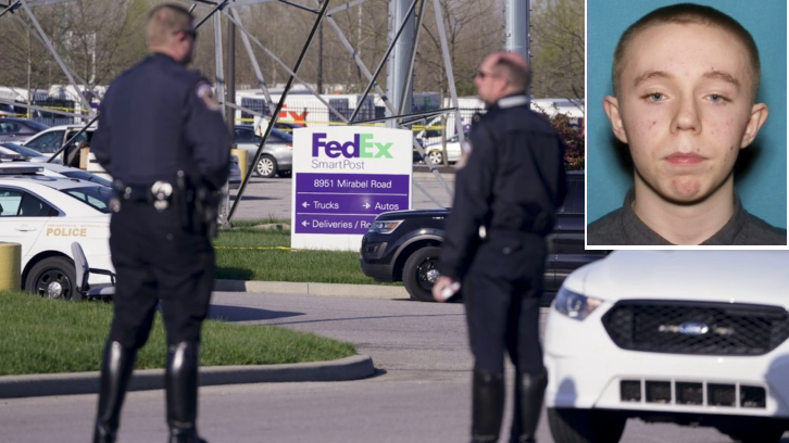 Police stand near the scene where Brandon Scott Hole (inset) fatally shot 8 people at a FedEx facility in Indianapolis