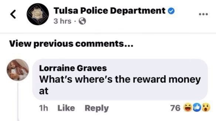 Screenshot of Lorraine Graves' reply to the Tulsa Police Department's Facebook post