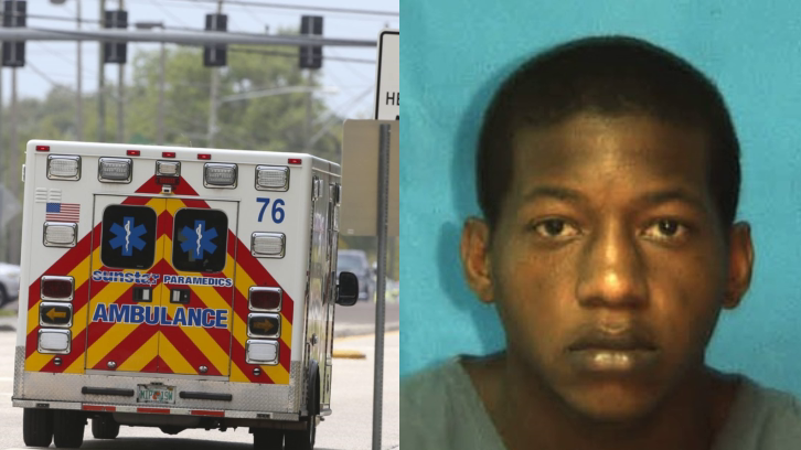 Sunstar ambulance and mug shot of Black man