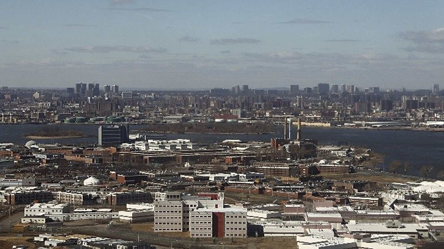 view of New York City's Rikers Island jail complex, where a prisoner twice ripped out his own eye