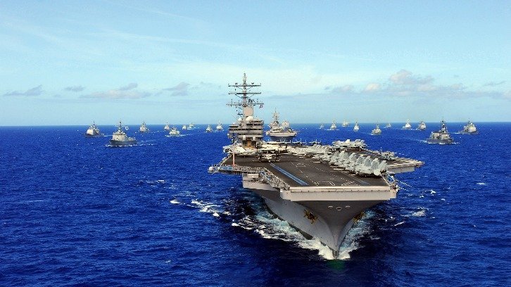 The USS Ronald Reagan and other ships transit the Pacific during a maritime warfare exercise