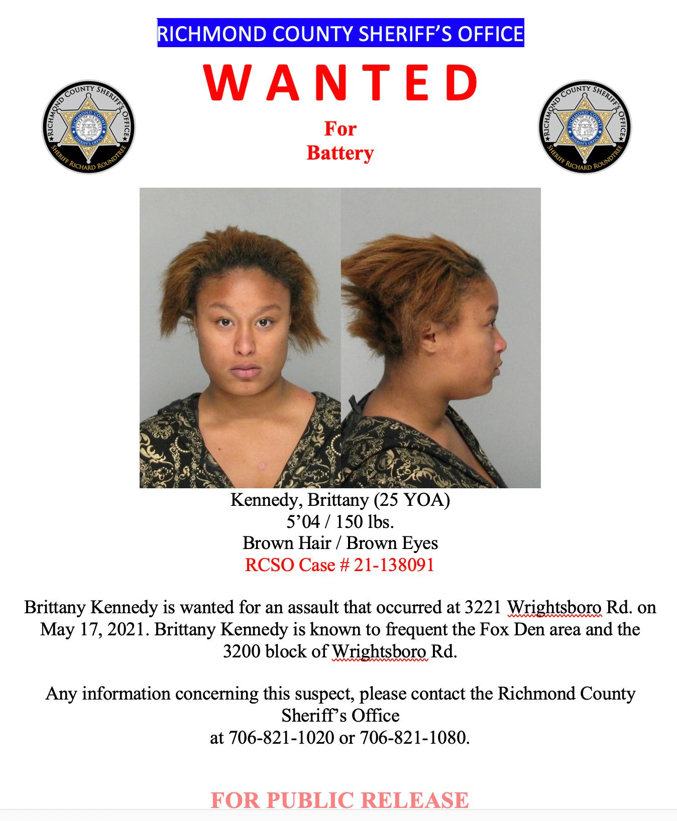 wanted poster for Brittany Kennedy showing her picture, front on and in profile