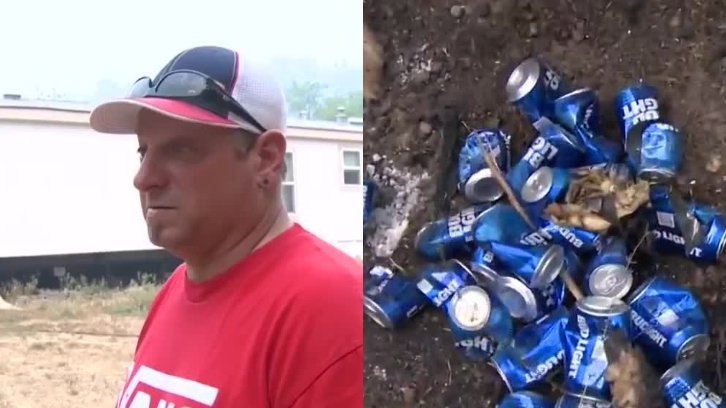 Vacaville homeowner Chad Little and the pile of empty Bud Light cans at his property