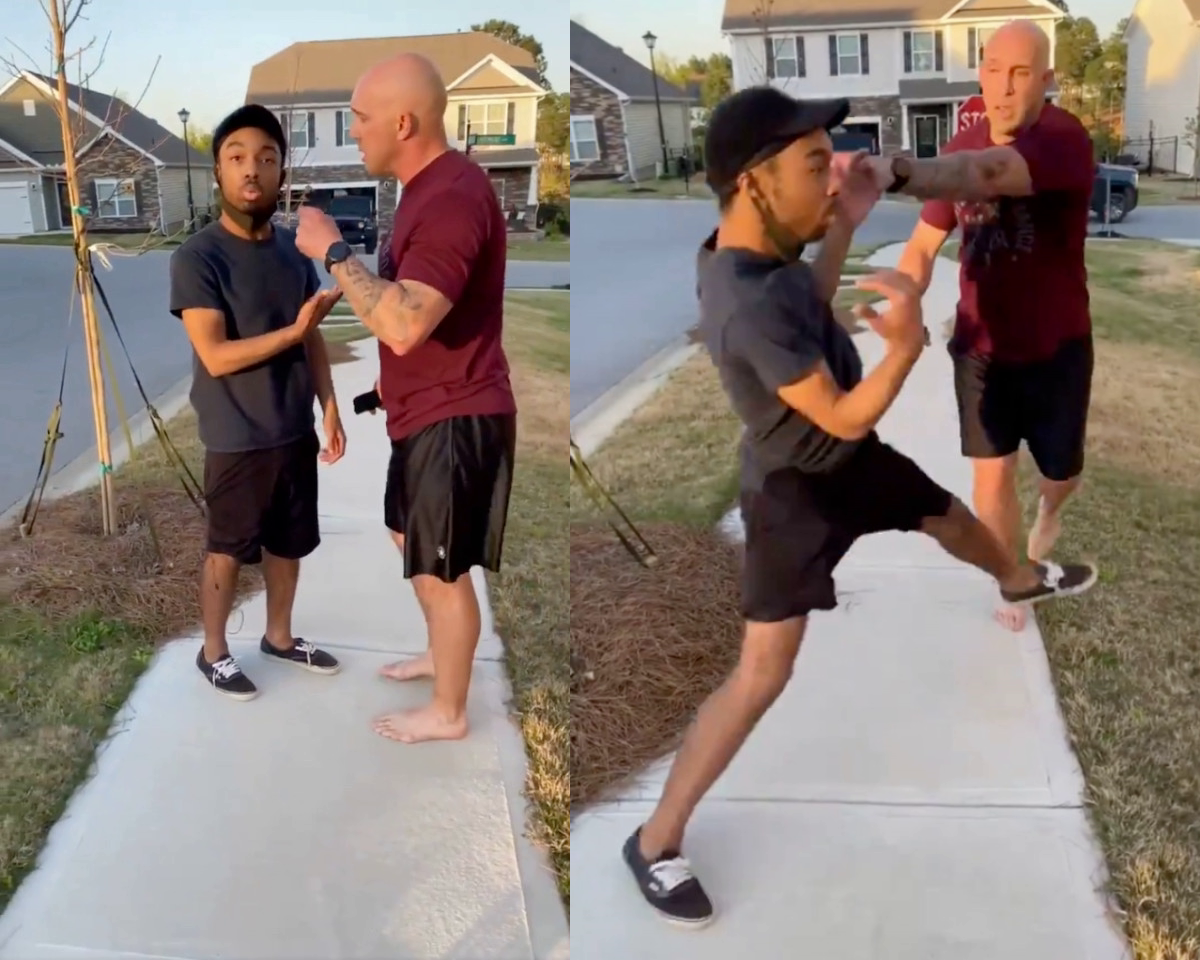 stills of the viral video showing soldier Jonathan Pentland pushing a young black man in a South Carolina neighborhood