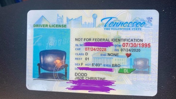 Jade Dodd's renewed driver's license showing a photo of an empty chair instead of her