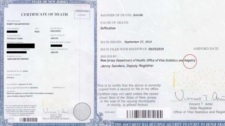 copy of the fake death certificate with glaring error submitted to avoid a jail sentence