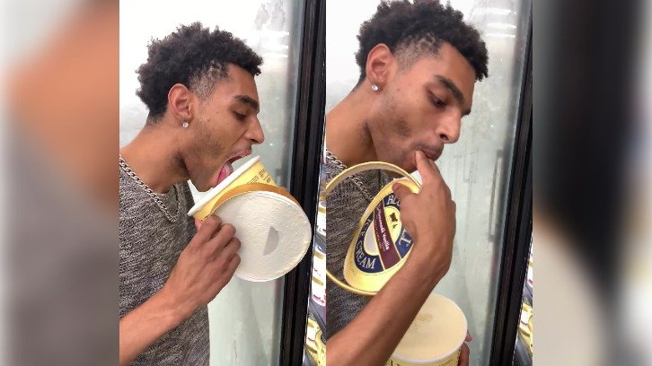 Video stills of Texas man D'Adrien Anderson licking and fingering supermarket ice cream before putting it back on the shelf