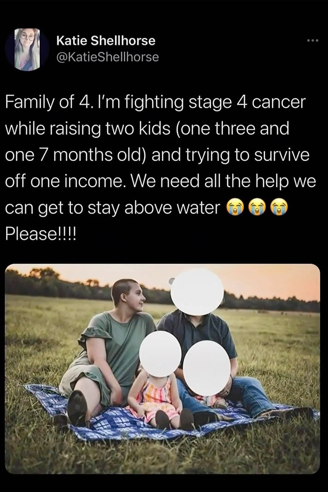 still of Twitter post with photo of Shellhorse with shaved head and her family