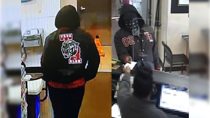 surveillance video captured the masked robber (right) handing over his note to the bank teller