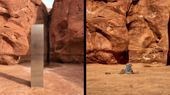 the silver monolith (left) and a pile of rocks (right) where it once stood